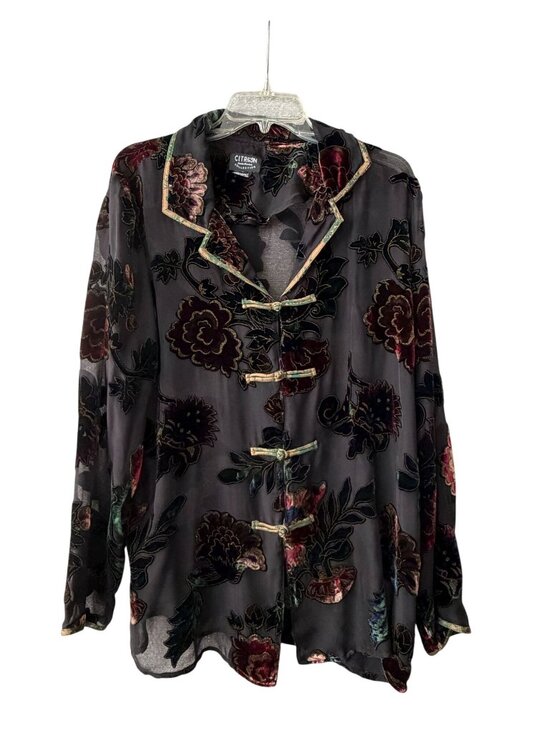 Citron Santa Monica Tops - Citron Santa Monica Velvet Burnout Devoré Blouse Floral Frog Closure Size L